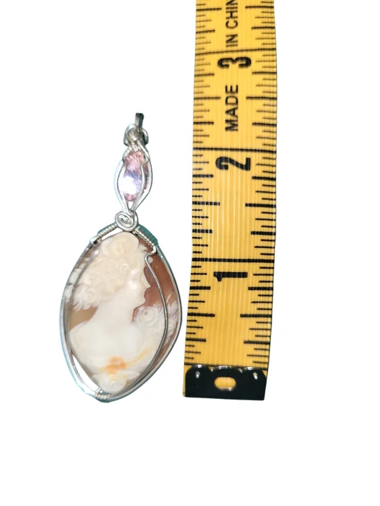Hand Wrapped Sterling Italian Cameo with Facet Moissinite Pendant - Picture 3 of 3